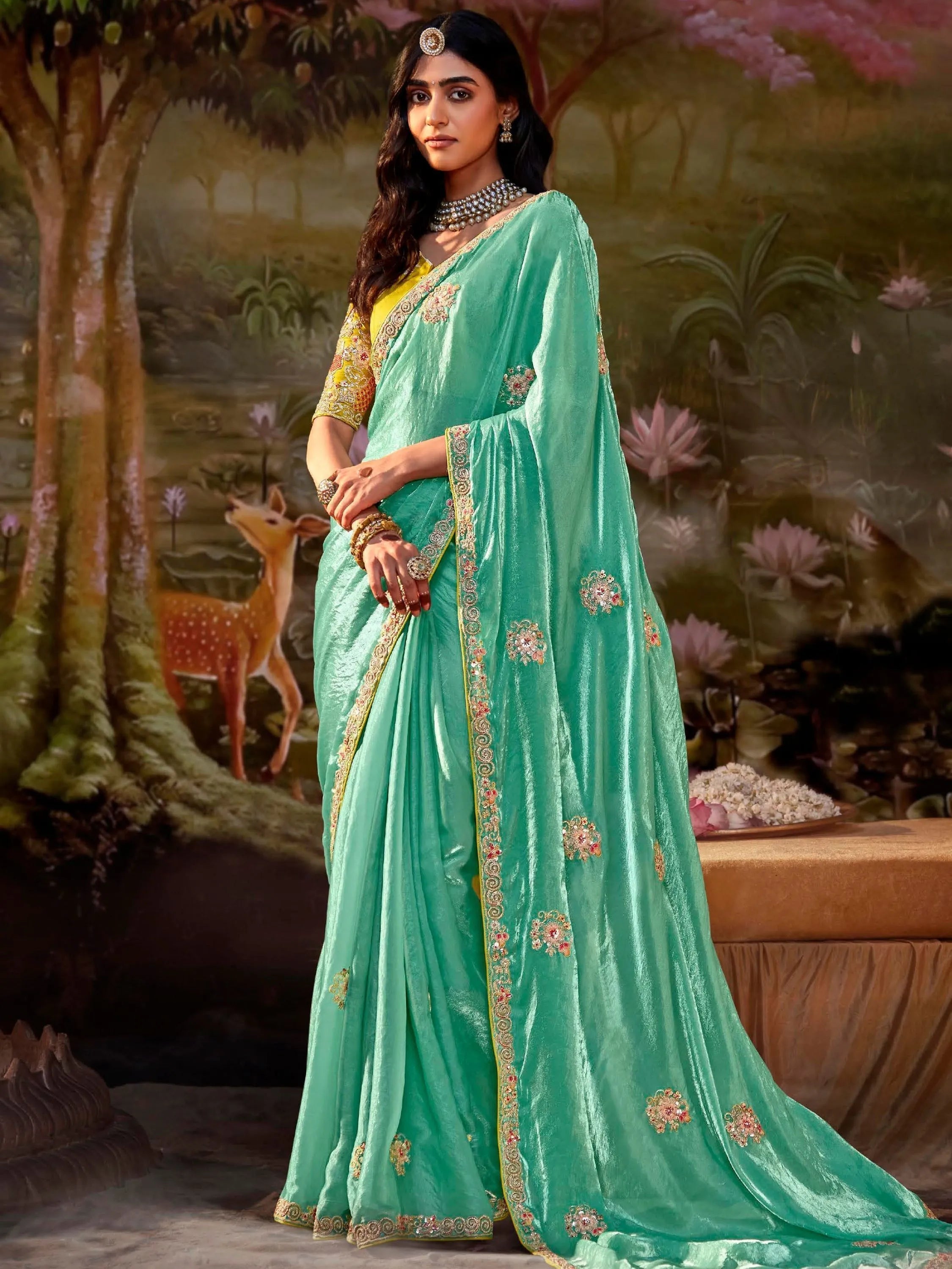 Teal Green Pure Organza Sequins Embroidered Festive Wear Saree Clearance Explore