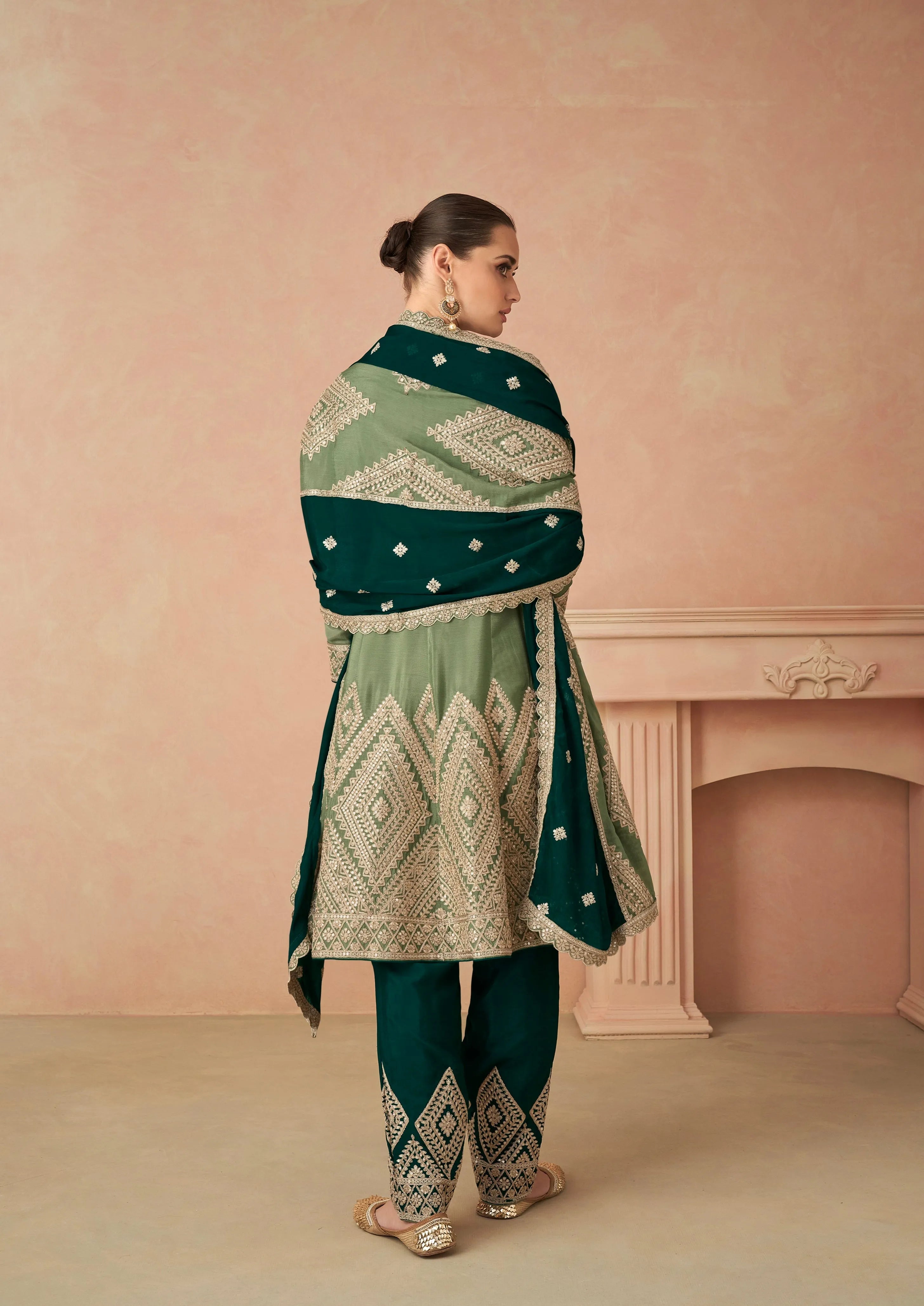 Impressive Olive Green Embroidered Chinon Salwar Set Free Shipping Largest Supplier