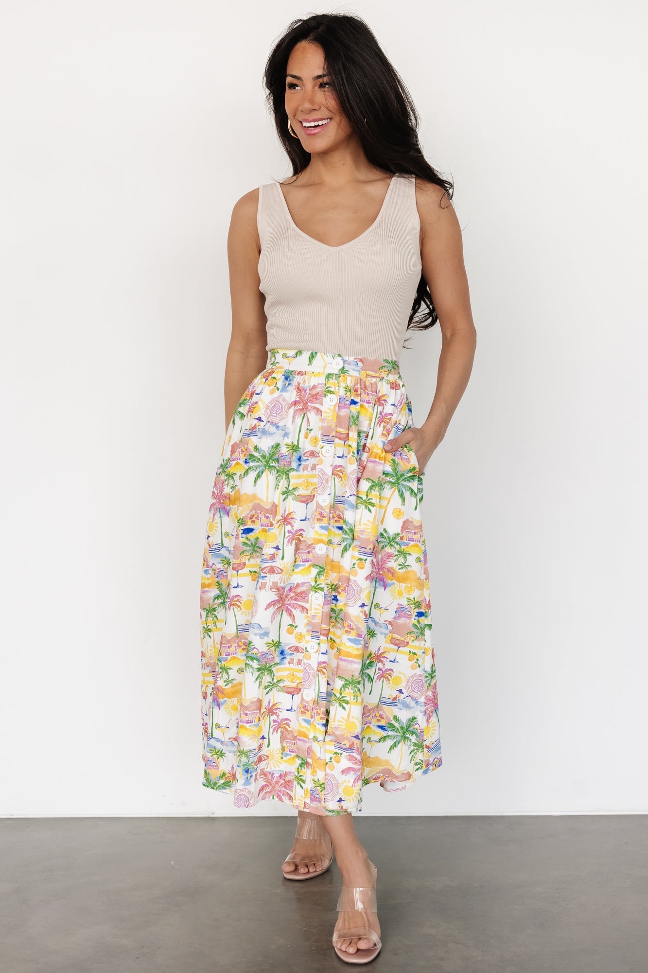 Gigi Button Midi Skirt | Off White + Multi Print Free Shipping Pices