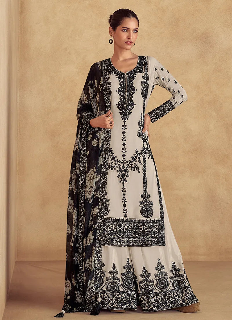 Heavenly Off-White Thread Embroidered Traditional Palazzo Suit Sale 100% Original