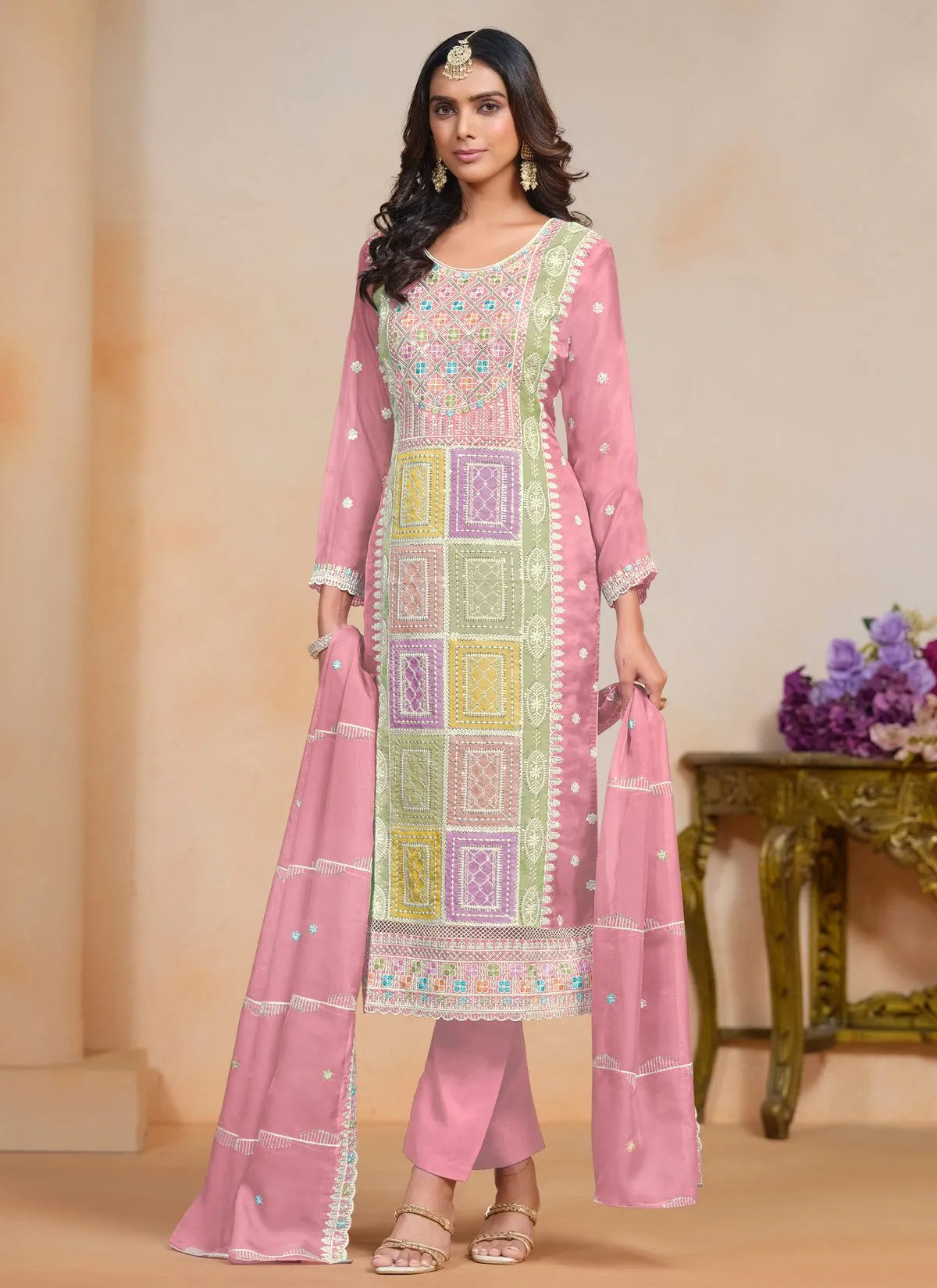 Magical Light Pink Embroidered Organza Salwar Kameez Countdown Package