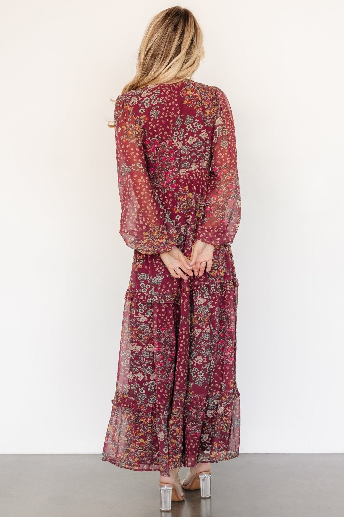 Bowman Deep V Maxi Dress | Burgundy Multi Clearance Limited Edition