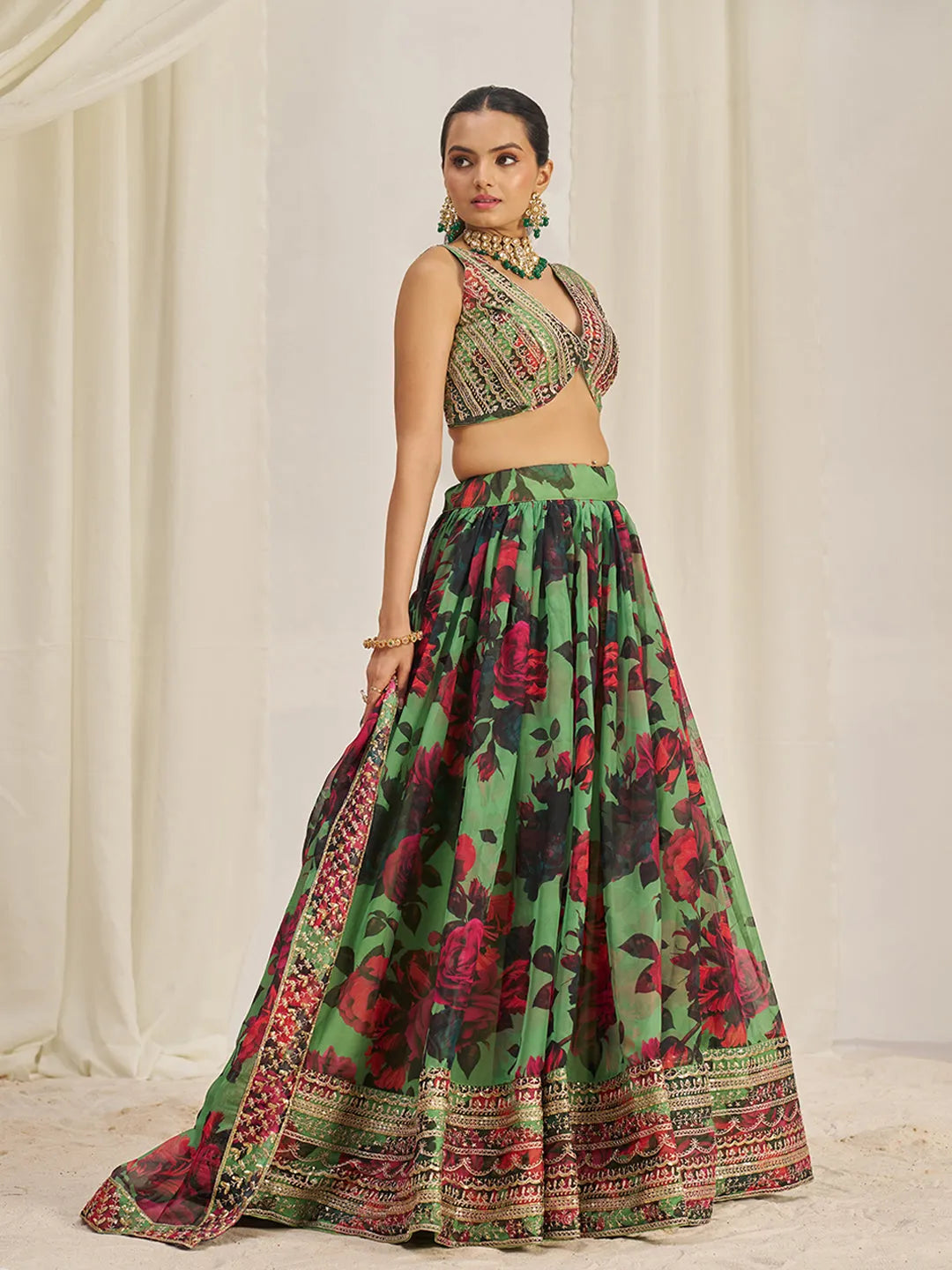 Parrot Green Organza Zari Dori Sequins Floral Lehenga Choli Set Clearance Official Site