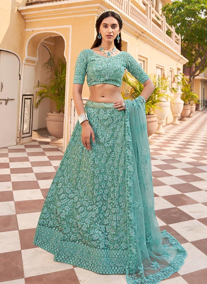 Sequins Embroidered Sea Green Soft Net Lehenga Fake Cheap Online