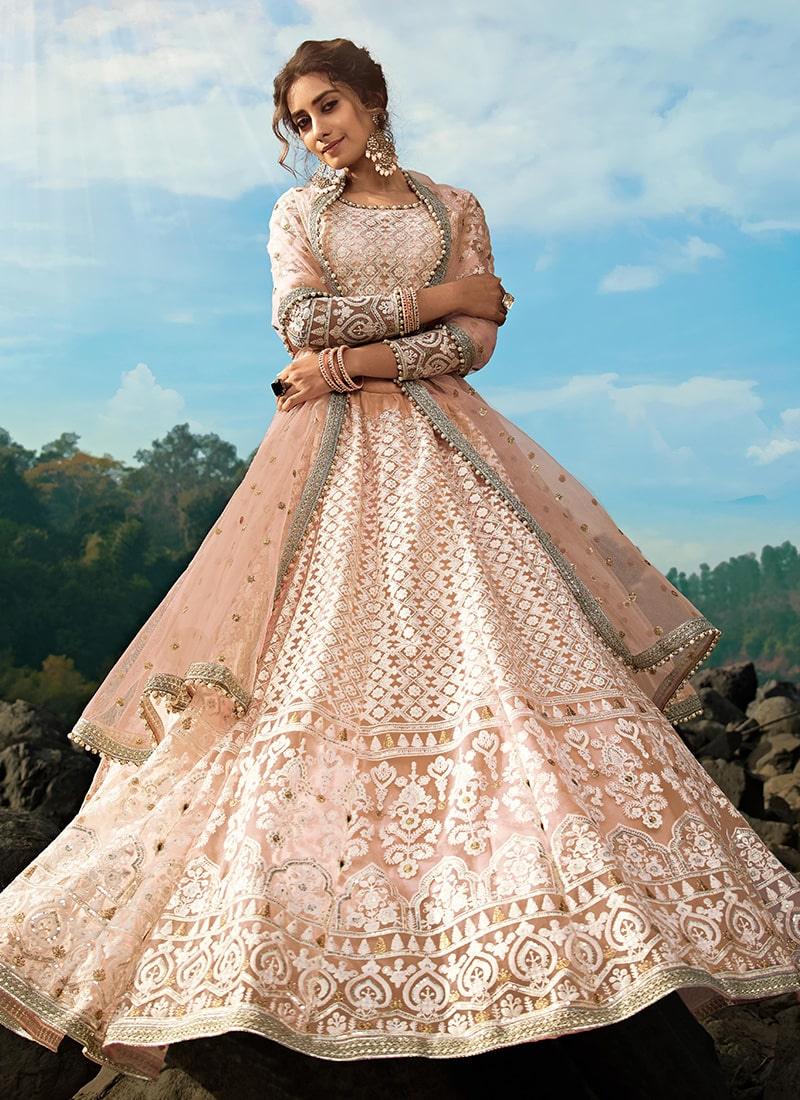 Peach Color Soft Net Base Resham And Sequins Work Lehenga Online For Sale