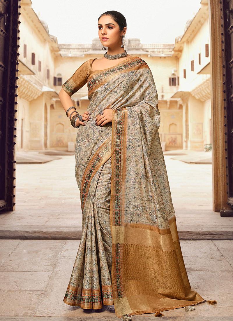 Digital Print Cream Textured Silk Saree Cheap Low Cost