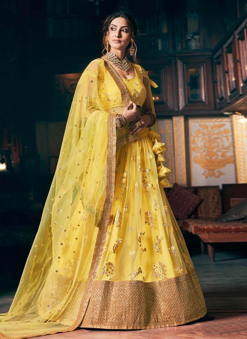 Sunshine Yellow Color Soft Net Base Heavy Work Designer Lehenga Choli Buy Cheap Fashion Style