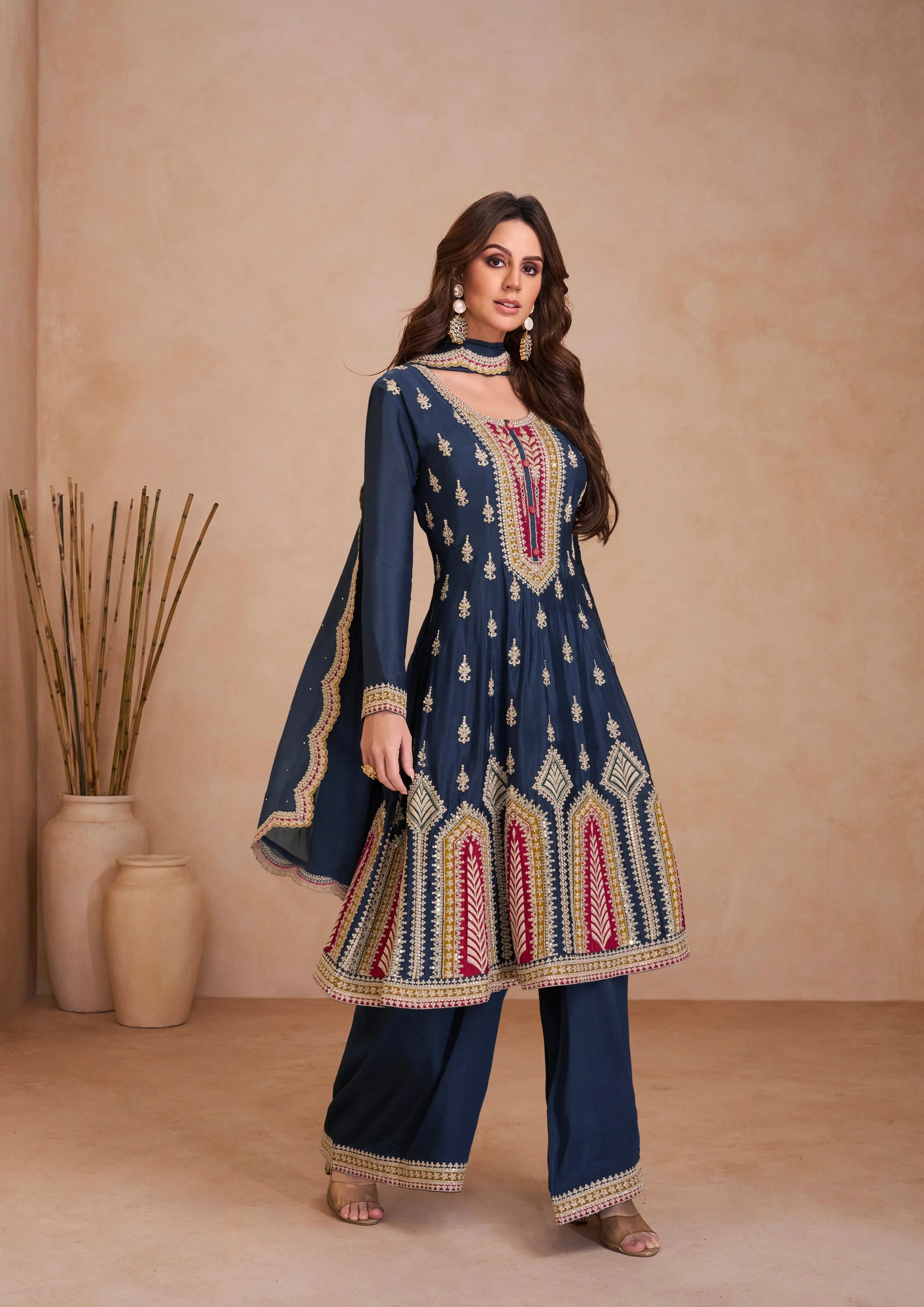 Blazing Navy Blue Embroidered Chinon Palazzo Set Discount Latest