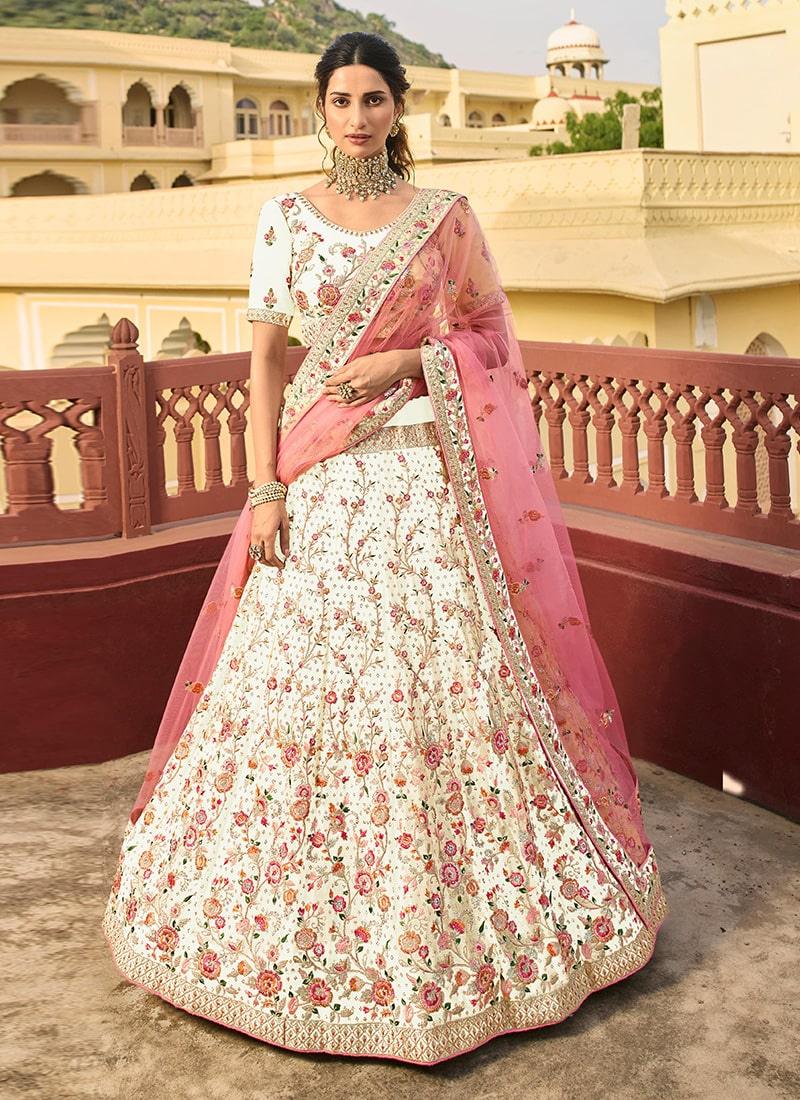 Cream Color Organza Material Stone Work Crop Top Lehenga New Online