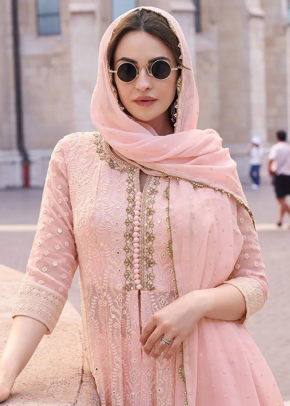 Fabulous Embroidered Light Pink Anarkali Style Sharara Suit Fashionable