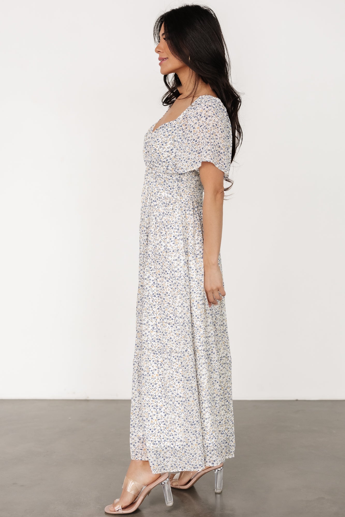 Emiliana Dress | Ivory + Blue Floral Cheap Sale Brand New Unisex