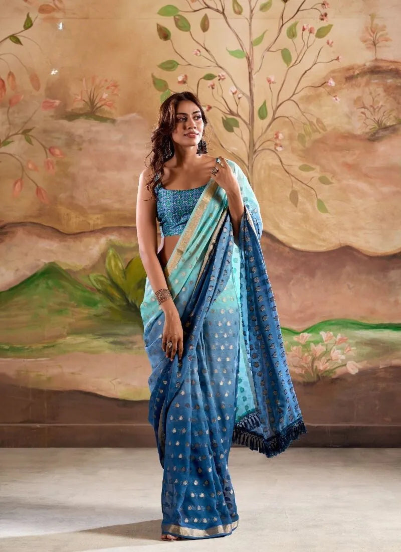 Digitally Printed Zari Weaving Georgette Silk Saree in Sky Blue Clearance Store For Sale