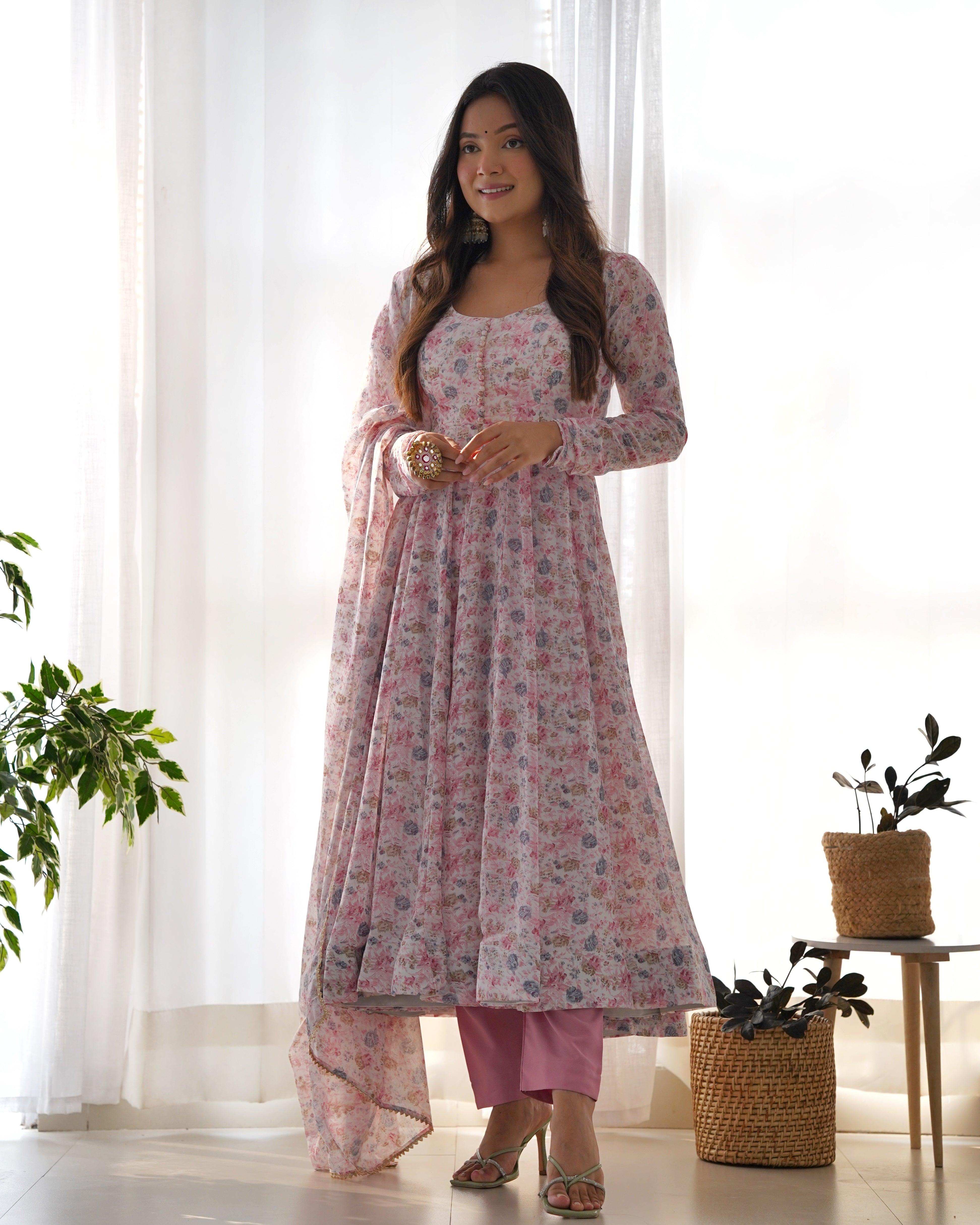 Pink Color Chiffon Floral Pant Style Anarkali Suit With Dupatta Cheap Sale Discounts