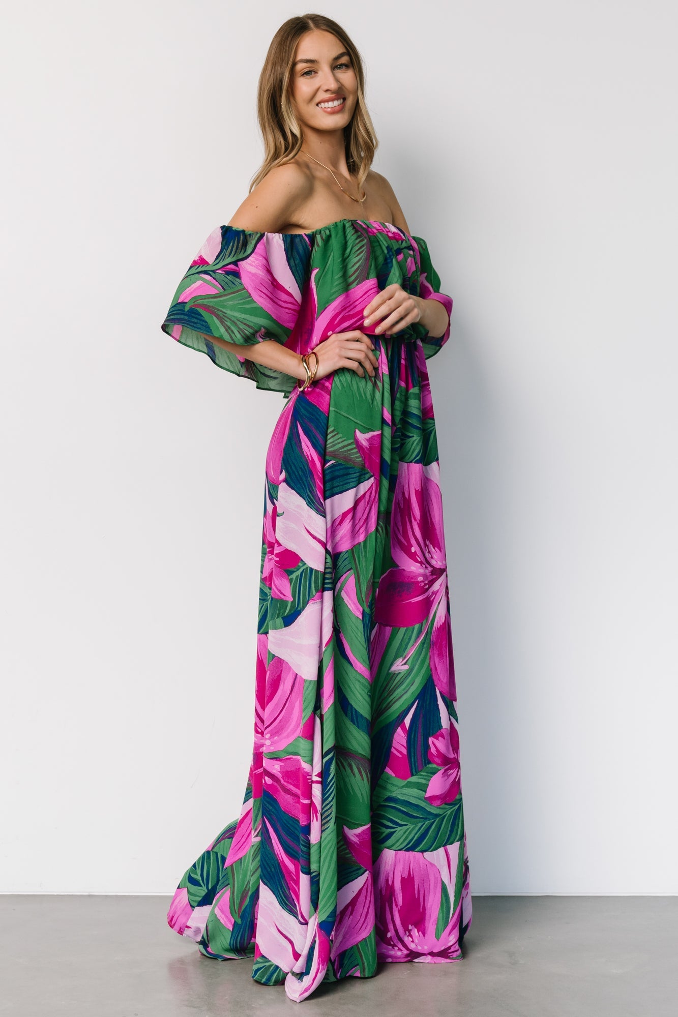 Azalea Off Shoulder Maxi Dress | Green + Fuchsia Floral Cheap Pice Buy Discount