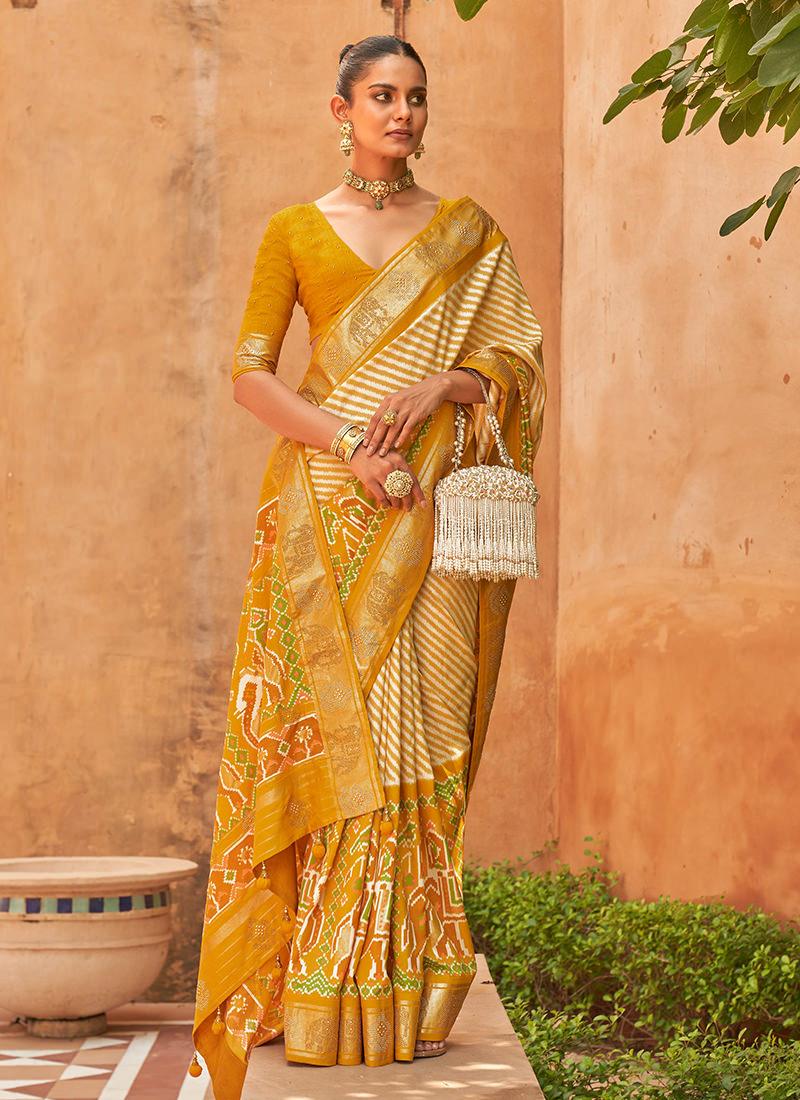 Mustard Yellow Pure Silk Patola Saree Pices Online