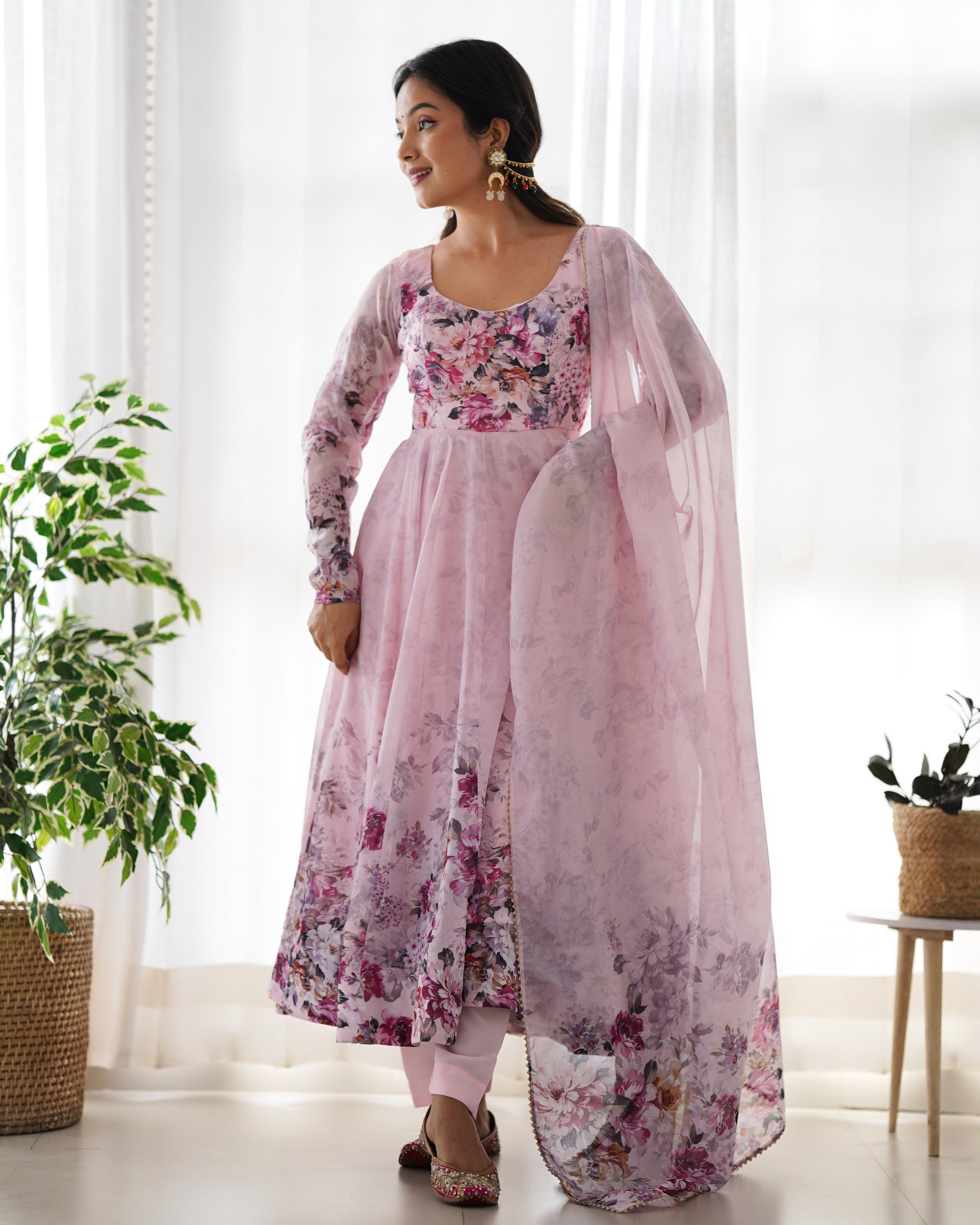 Pink Organza Printed Anarkali Suit With Dupatta Cheap Sale Buy