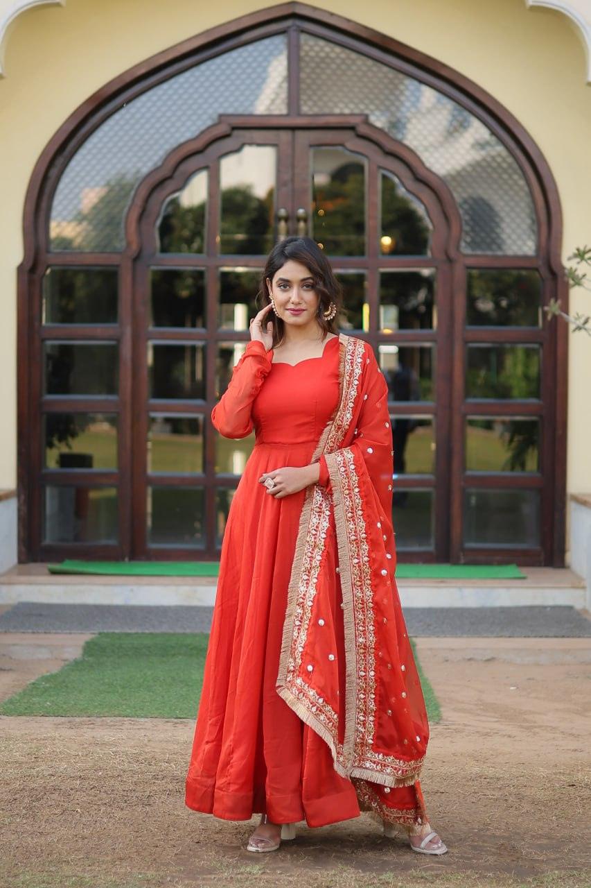 Orange silk Flared gown with dupatta Cheap With Paypal