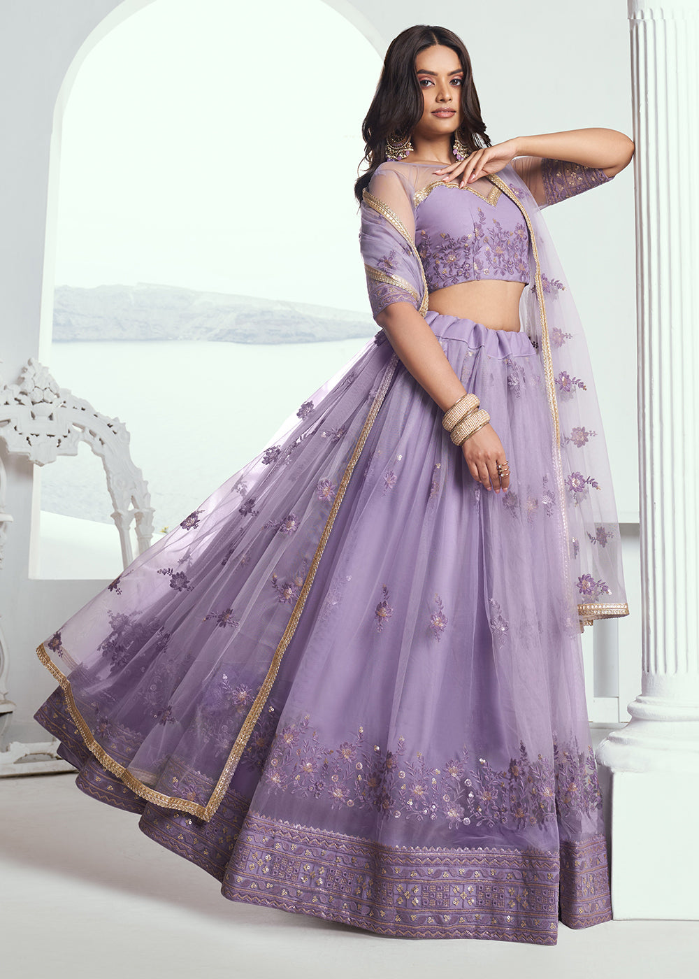 Fabulous Lavender Net Embroidered Bridal Lehenga Choli High Quality Cheap Pice