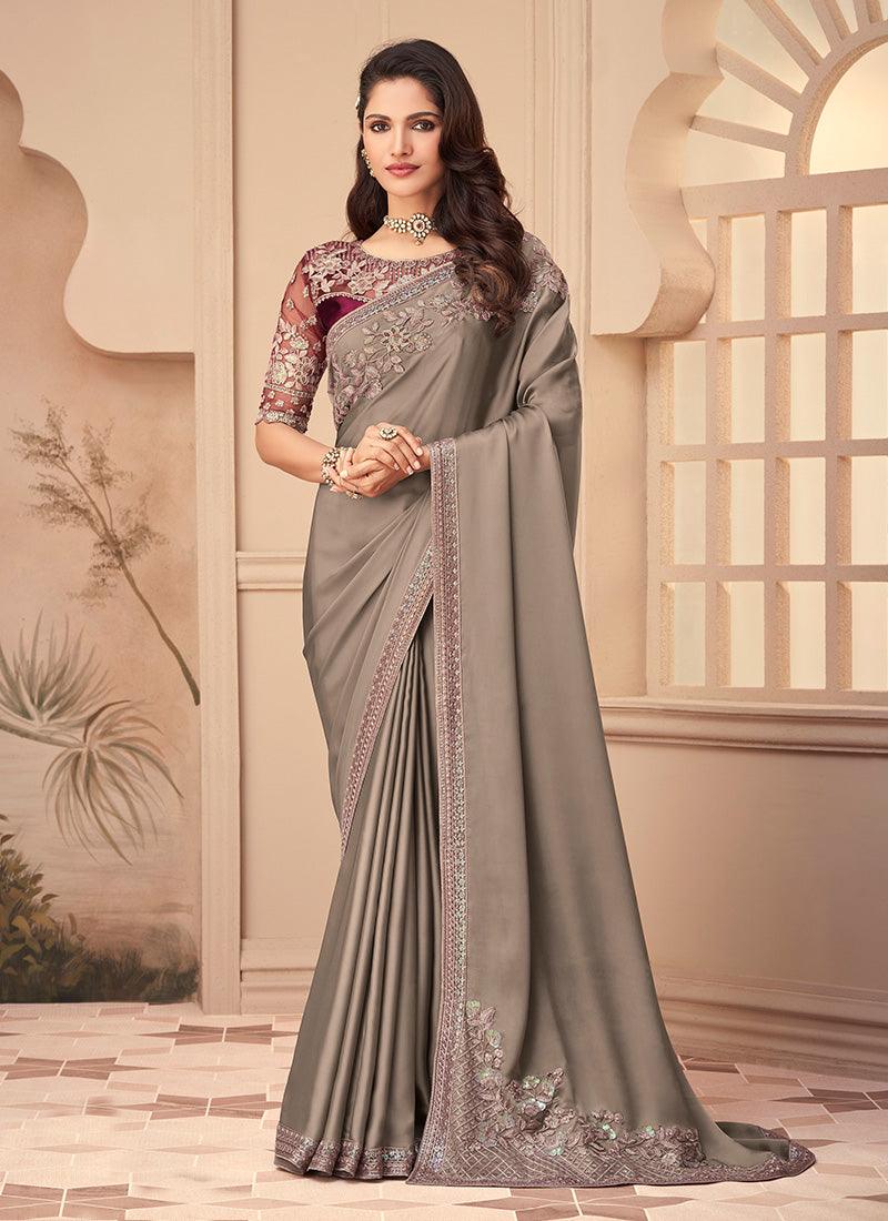 Fancy Grey Color Silk Base Sequins Work Saree With Contrast Blouse Cheap Free Shipping