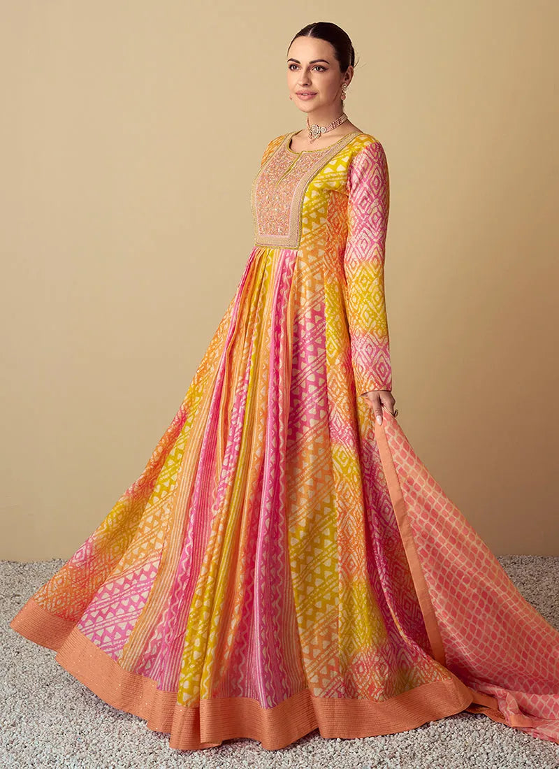 Radiant Yellow and Peach Multi Embroidered Anarkali Gown Top Quality Cheap Pice