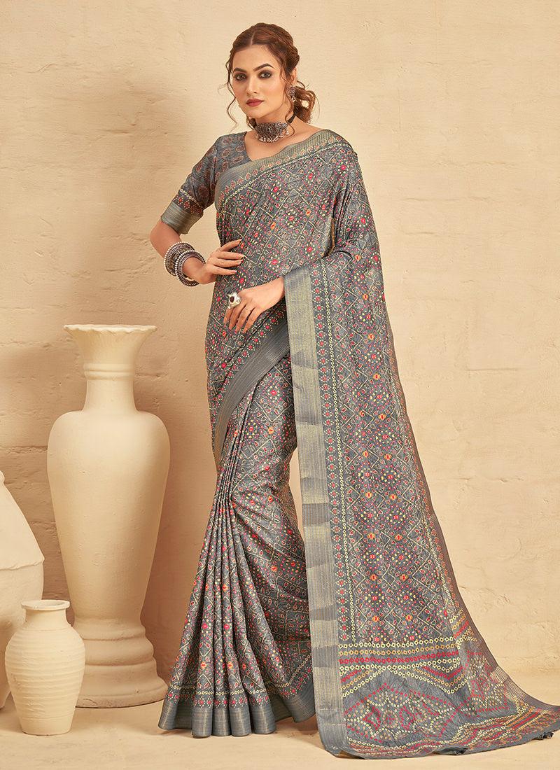 Silk With Digital Print Grey Saree Cheap Lowest Pice