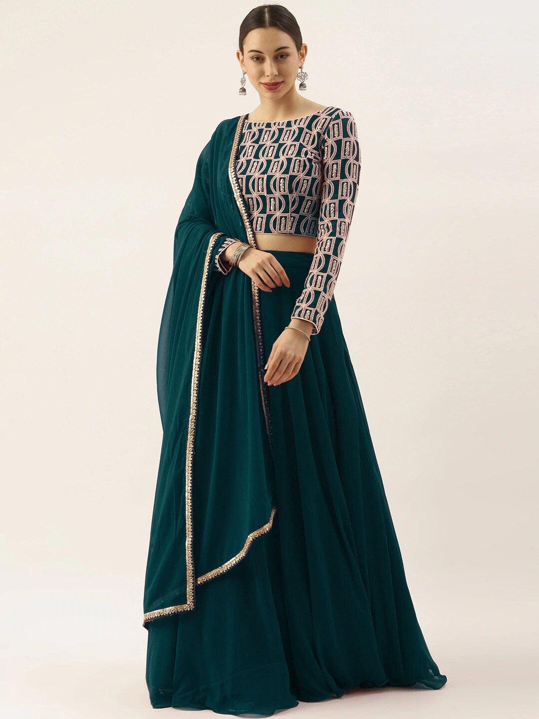 Teal Georgette embroidered and thread work lehenga choli Free Shipping Cheap