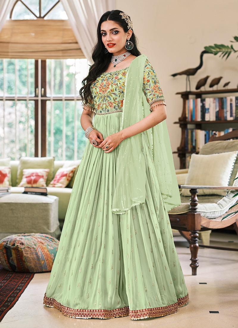 Green Color Georgette Material Stone And Sequins Work Gown Clearance Store Cheap Online