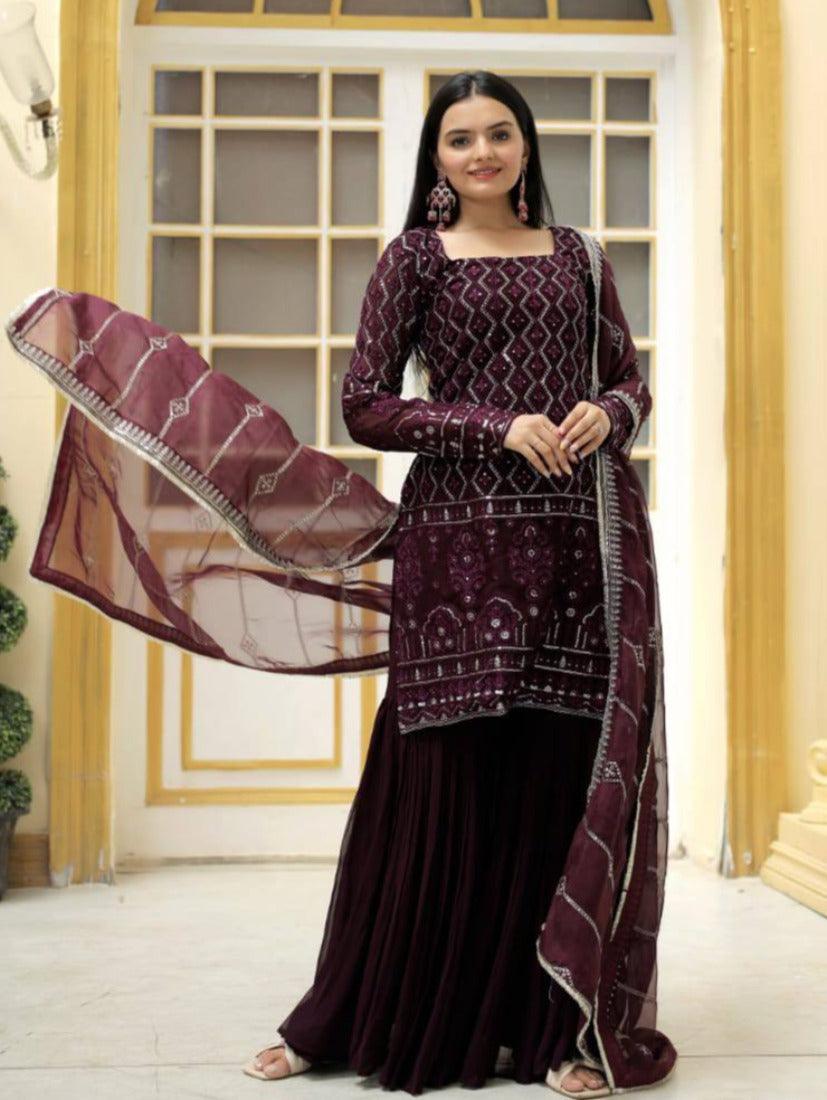 Stunning Faux Georgette Sequins Embroidered Top Sharara Set Cheap Sale Footlocker Finishline