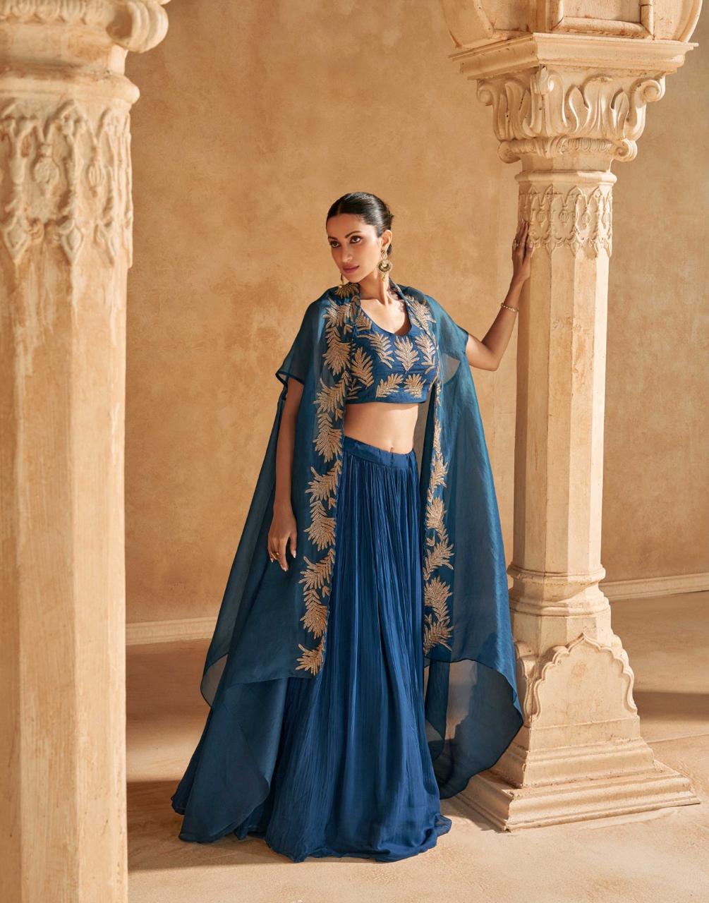 Classic Navy Blue Chinon Silk Jacket Style Lehenga Choli Clearance Store Cheap Online