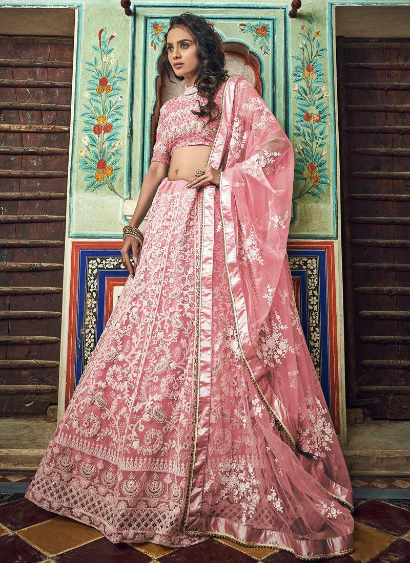 Elegant Peach Pink Soft Net Pearl And Resham Work Trendy Lehenga Choli Discounts Sale Online