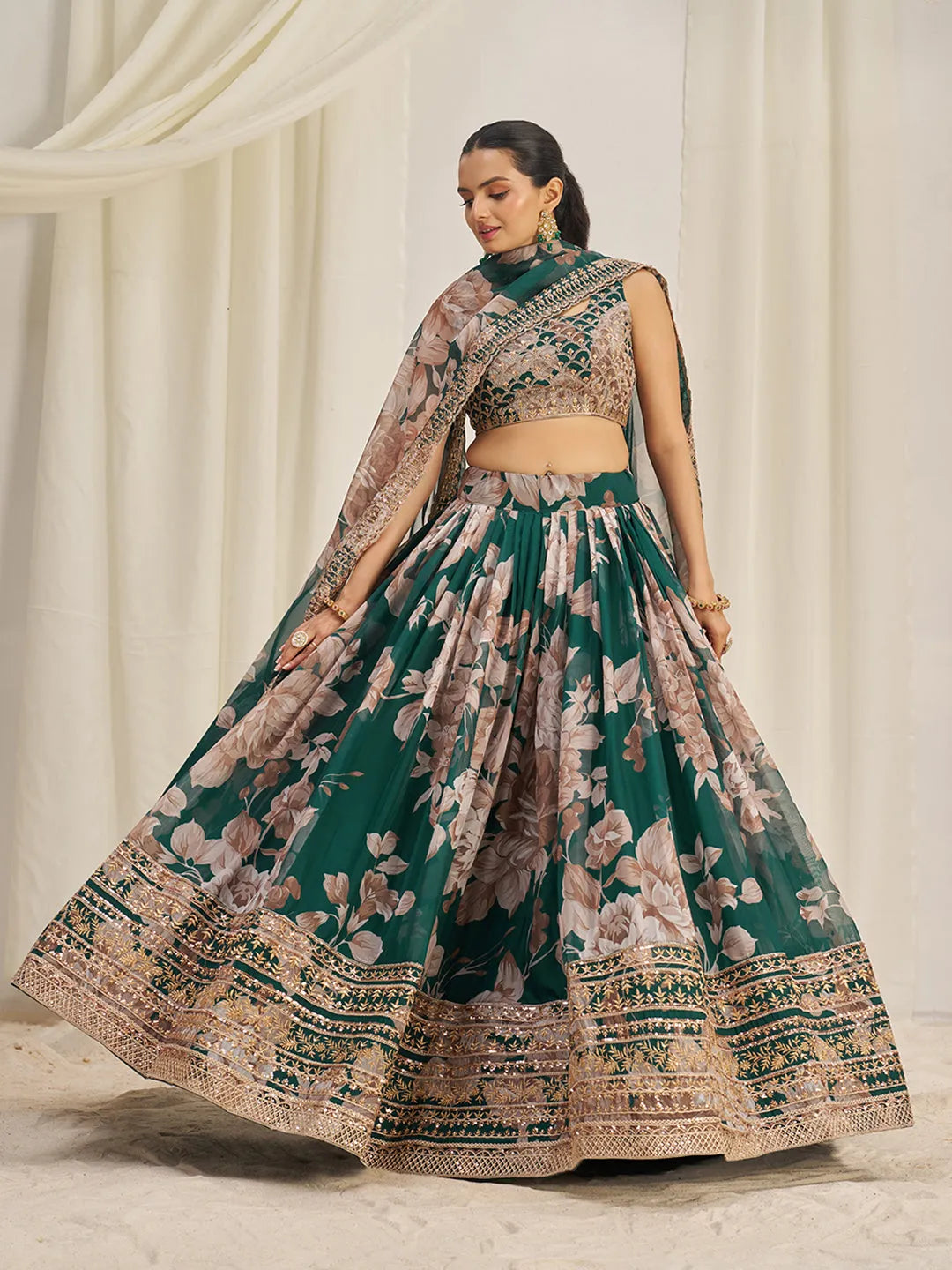 Dark Green Organza Zari Dori Sequins Floral Lehenga Choli Set Sale Top Quality