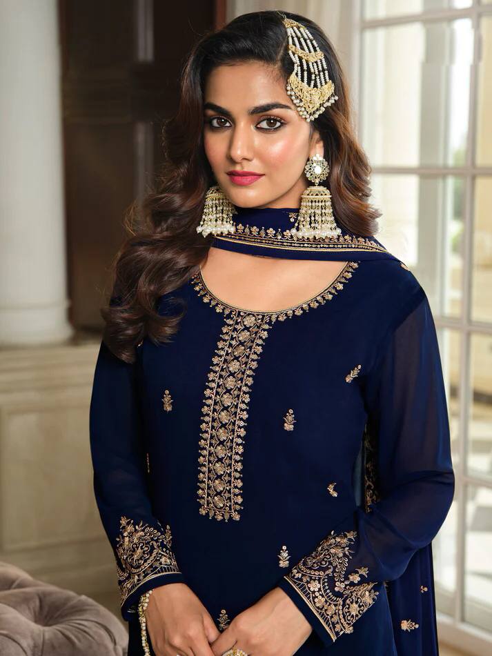 Heartwarming Navy Blue Faux Georgette Embroidered Sharara Suit Clearance Pirce Sale