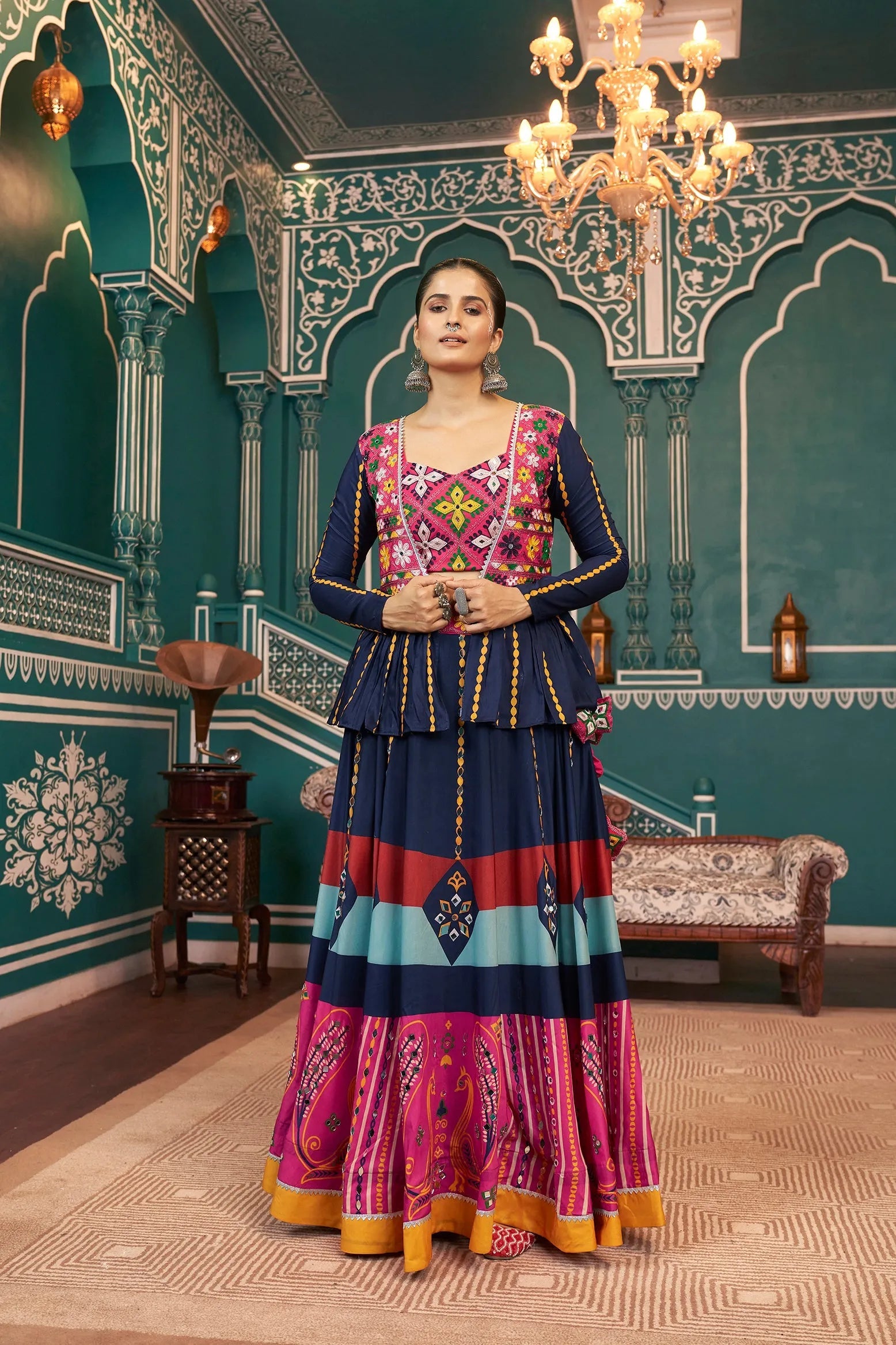 Celebrate Navratri With Multicolored Silk Jacket Lehenga Choli Clearance For Nice