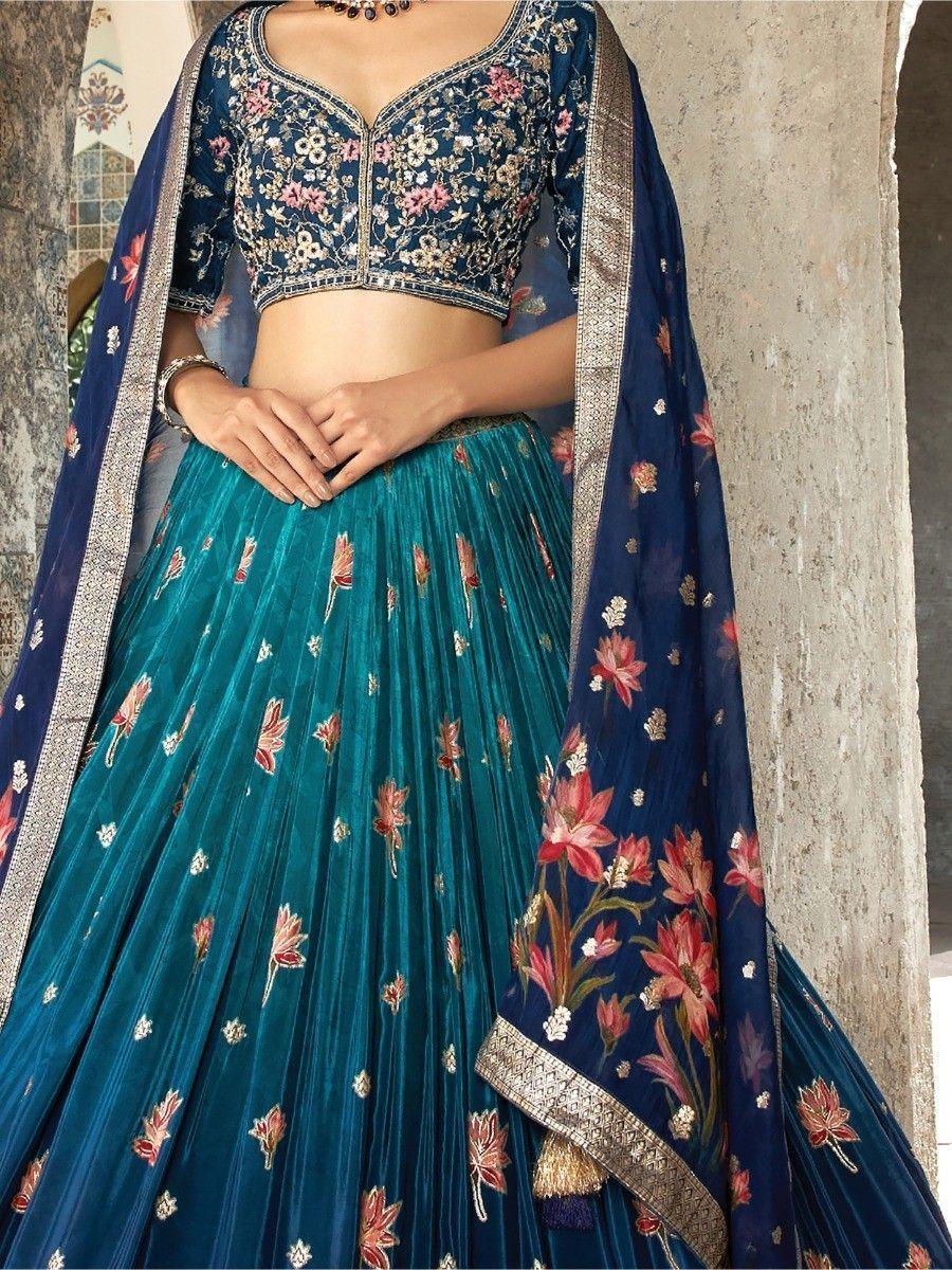 Outstanding Blue Zari Woven Silk Wedding Wear Lehenga Choli Set Clearance Store Cheap Online