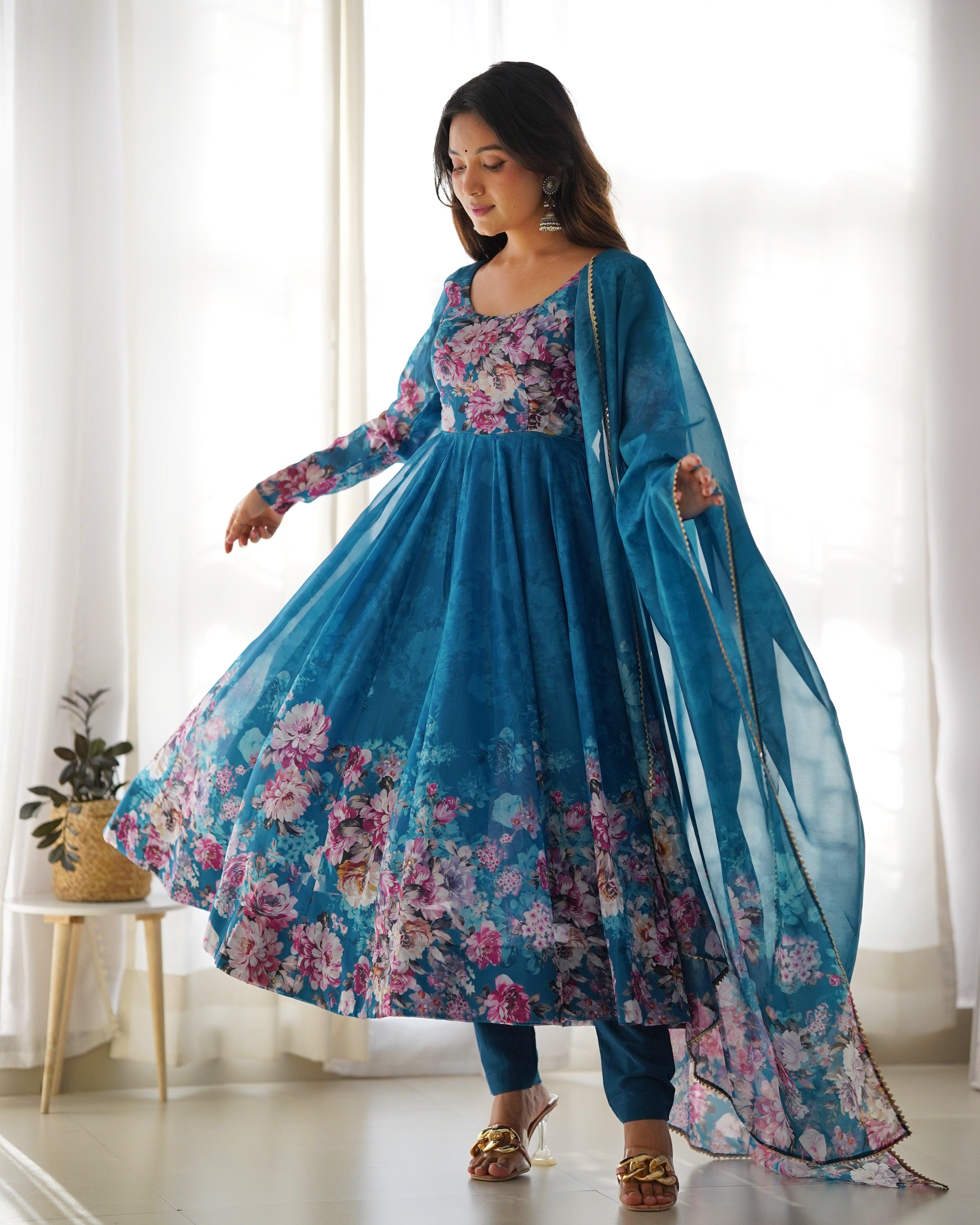 Rama Colored Organza Printed Anarkali Suit With Dupatta Outlet Locations Cheap Pice