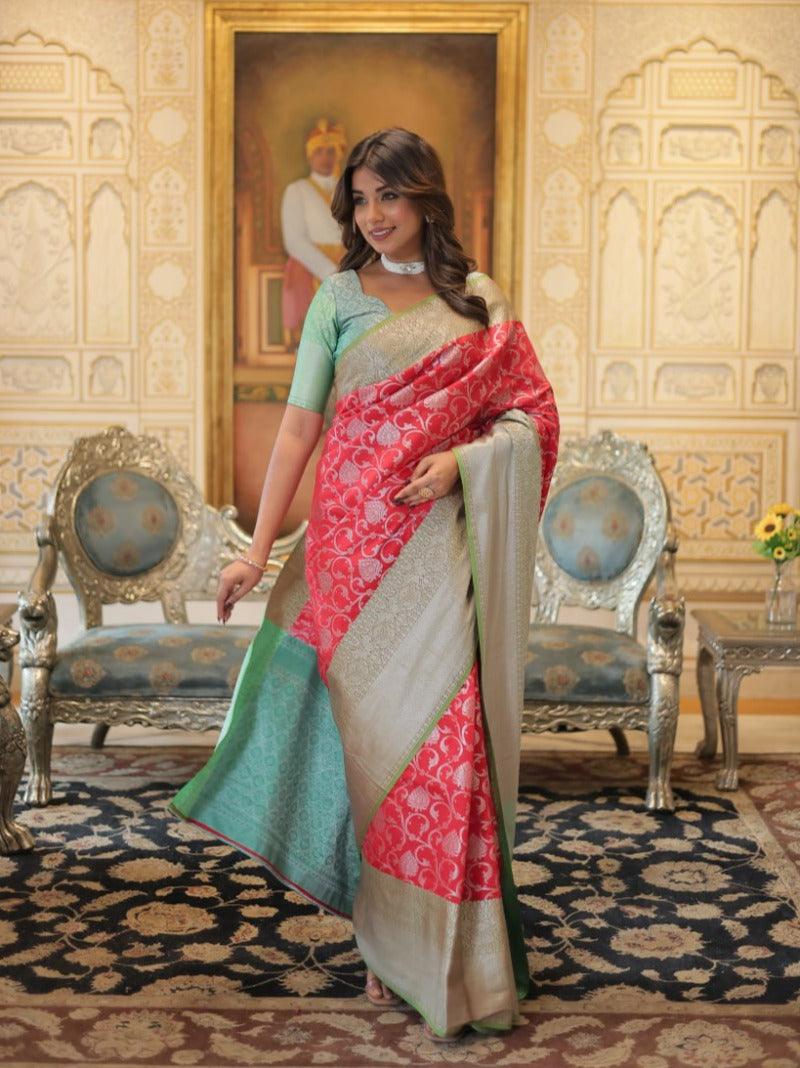 Exquisite Red and Green Silk Saree with Blouse Free Shipping Largest Supplier