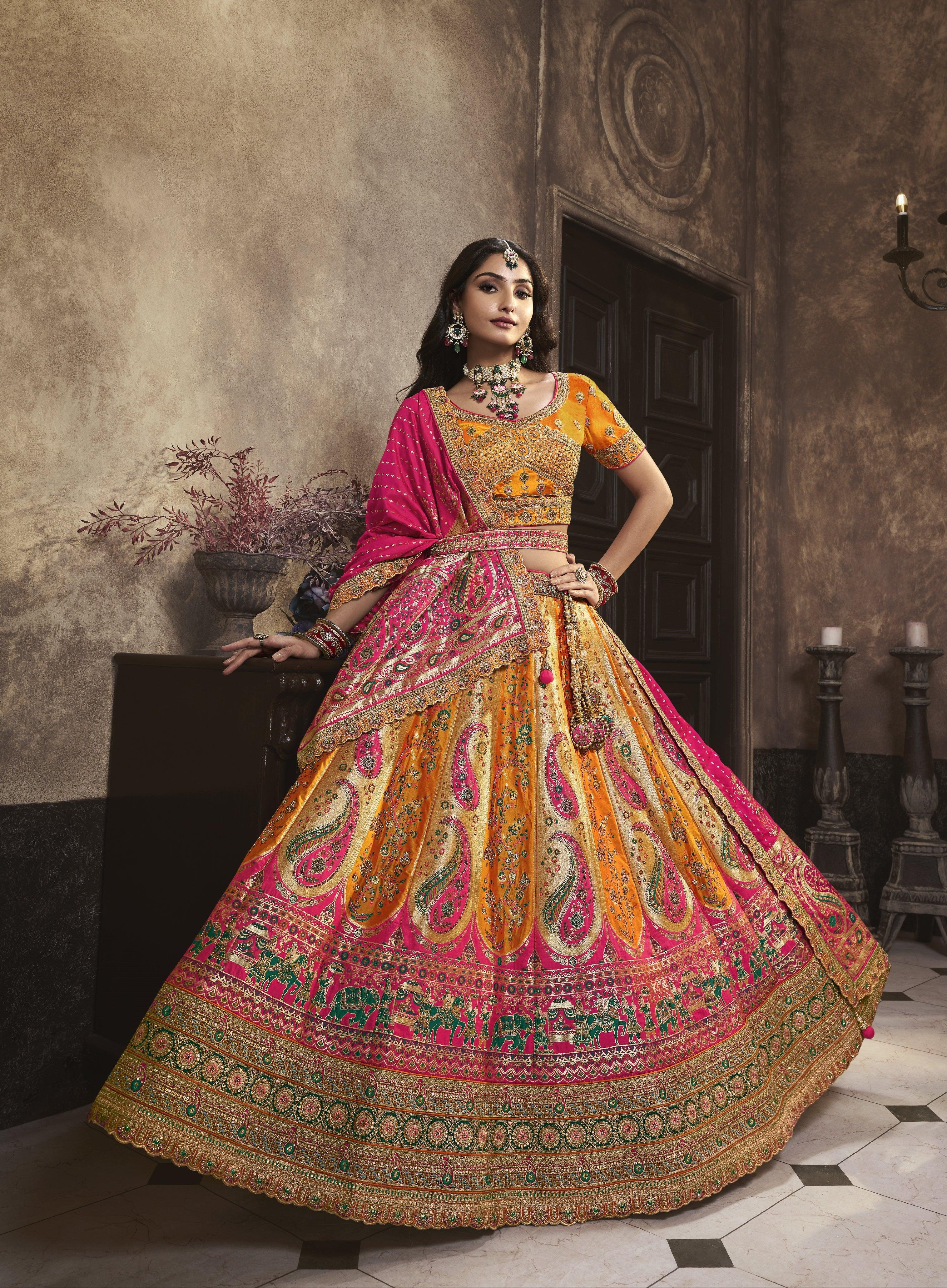 Orange Pink Banarasi Silk Wedding Lehenga Choli Professional Cheap Pice