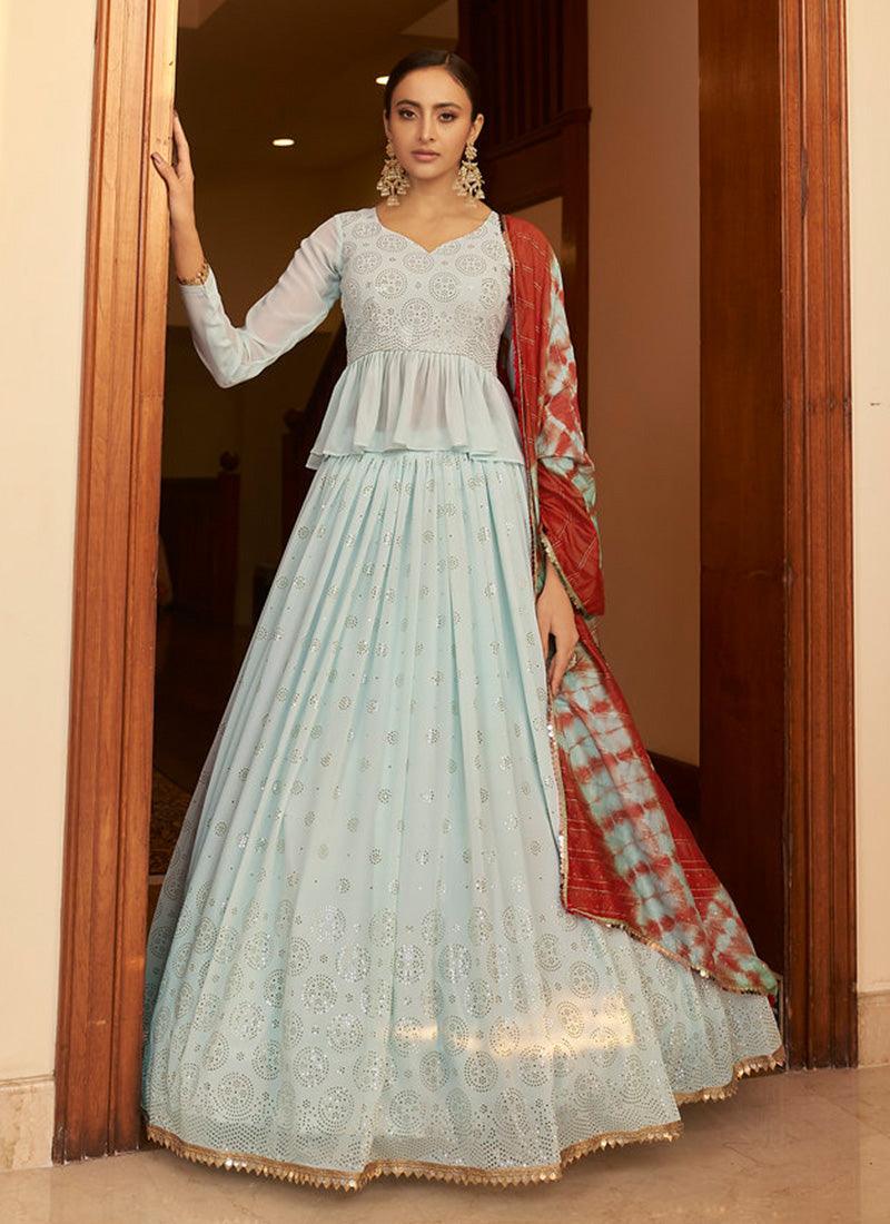 Sky Blue Color Mukaish Work Long Choli Lehenga With Full Sleeves Blouse Enjoy Online