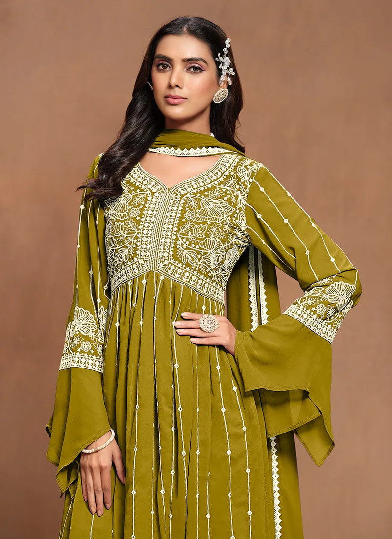 Mesmerizing Olive Green Embroidered Kurta Palazzo Suit Outlet Shop