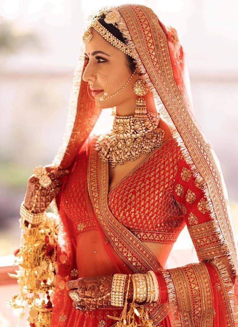 Plunging Neckline Full Sleeves Red Lehenga Choli Discount Shop For