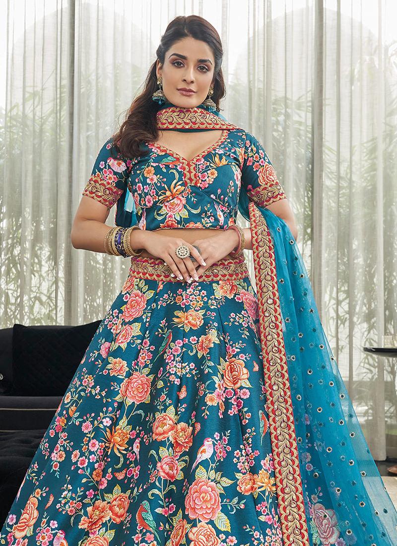 Art Silk Fabric Embroidered Teal Blue Floral Lehenga Outlet Original