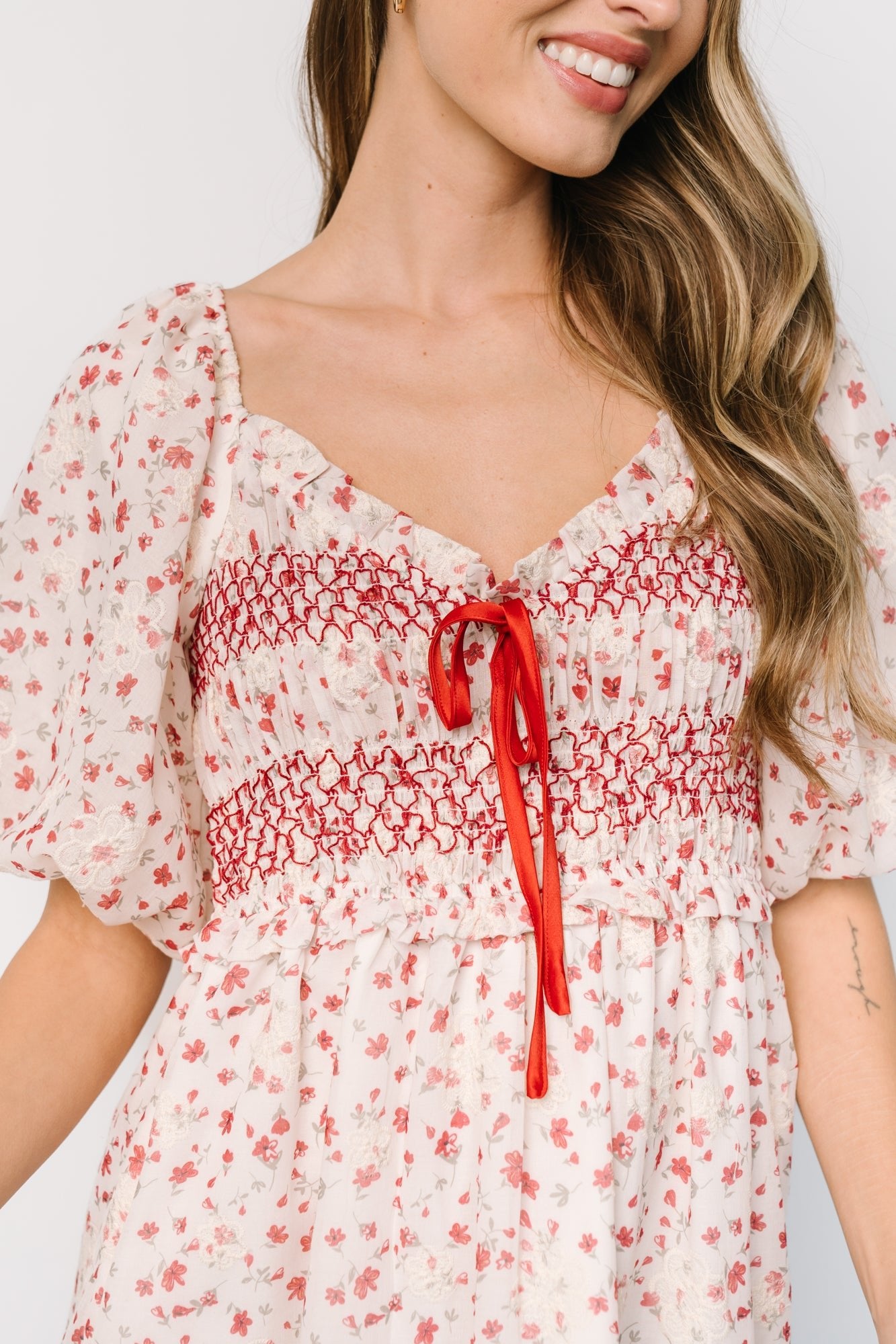 Hollie Smocked Dress | Cream + Red Floral Wholesale Pice For Sale