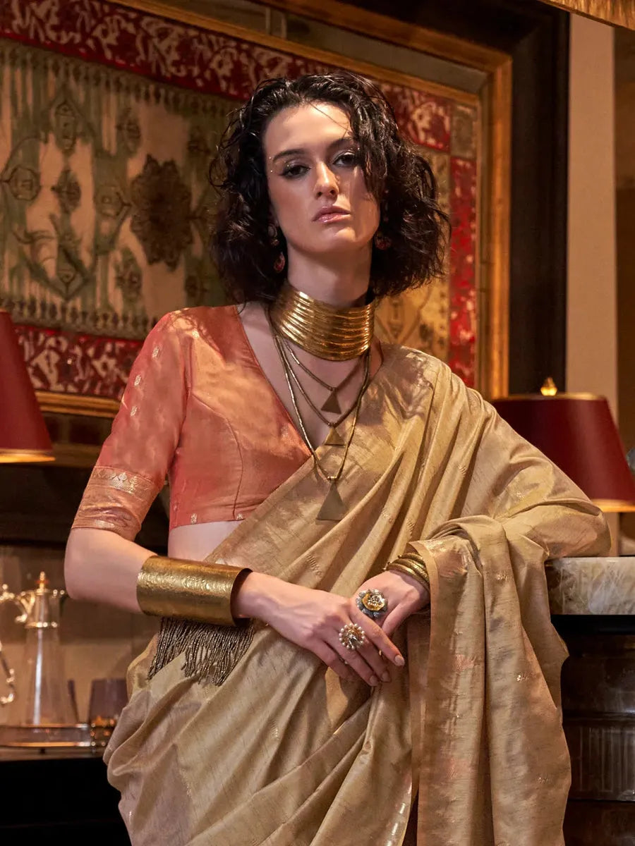 Glowing Golden Tussar Silk Handloomed Saree Clearance Geniue Stockist