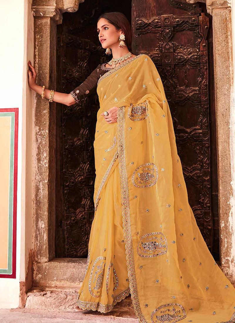 Mustard Yellow Color Organza Fabric Saree With Mirror Work Limited Edition Online