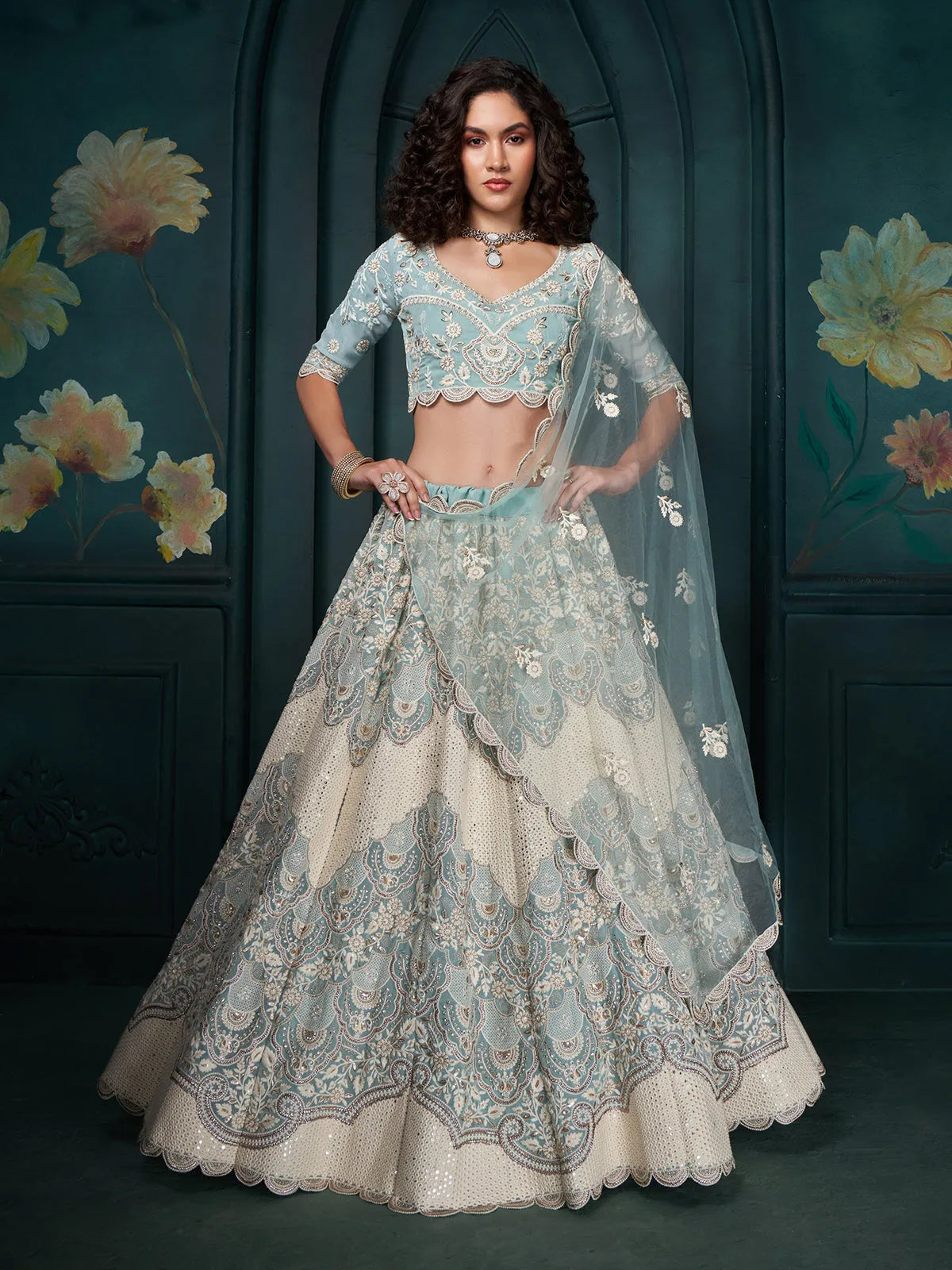 Formidable Firozi Embroidered Bridal Lehenga Choli Cheap With Credit Card