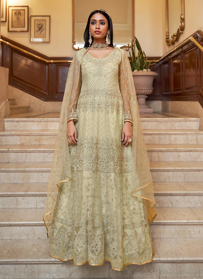 Cream Color Soft Net Material Stone And Resham Work Gown Sale Top Quality