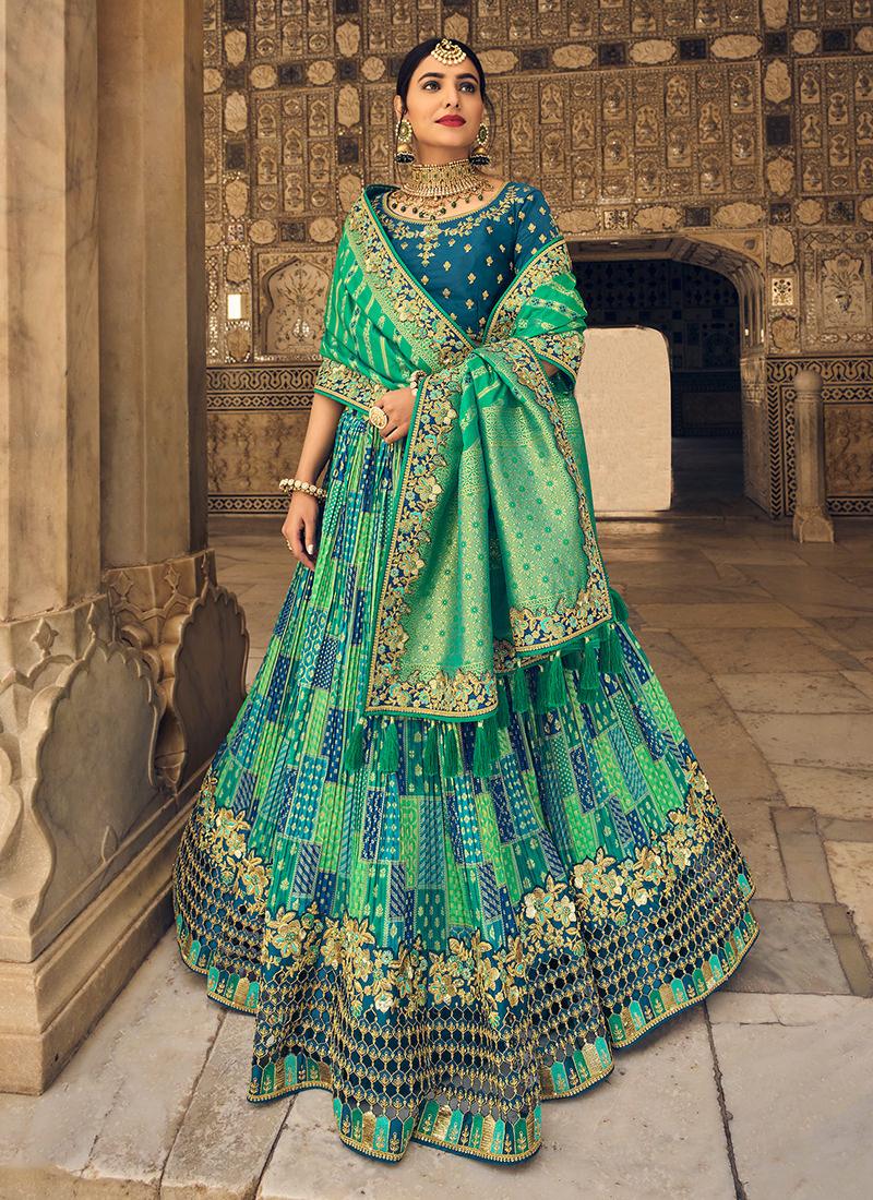 Teal Green Heavy Embroidered Crushed Lehenga Sast Sale Online