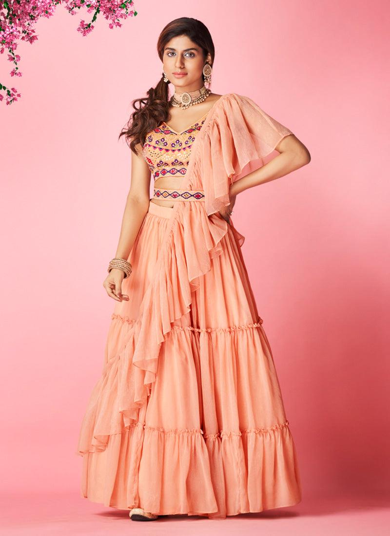 Peach Color Sleeveless Blouse With Chiffon Base Ruffle Lehenga Store Online