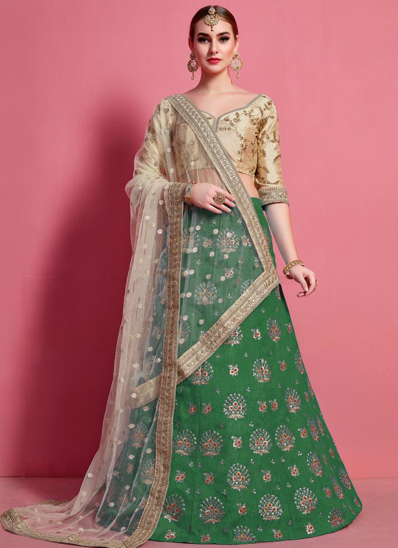 Fantastic Green Heavily Embroidered Silk Base Lehenga Choli Free Shipping Buy