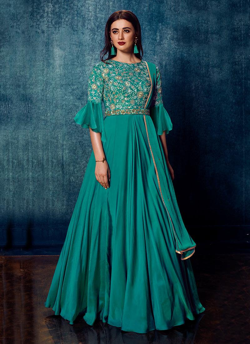 Green Color Satin Base Partywear Gown With Sequins Work Cheap Sale Geniue Stockist